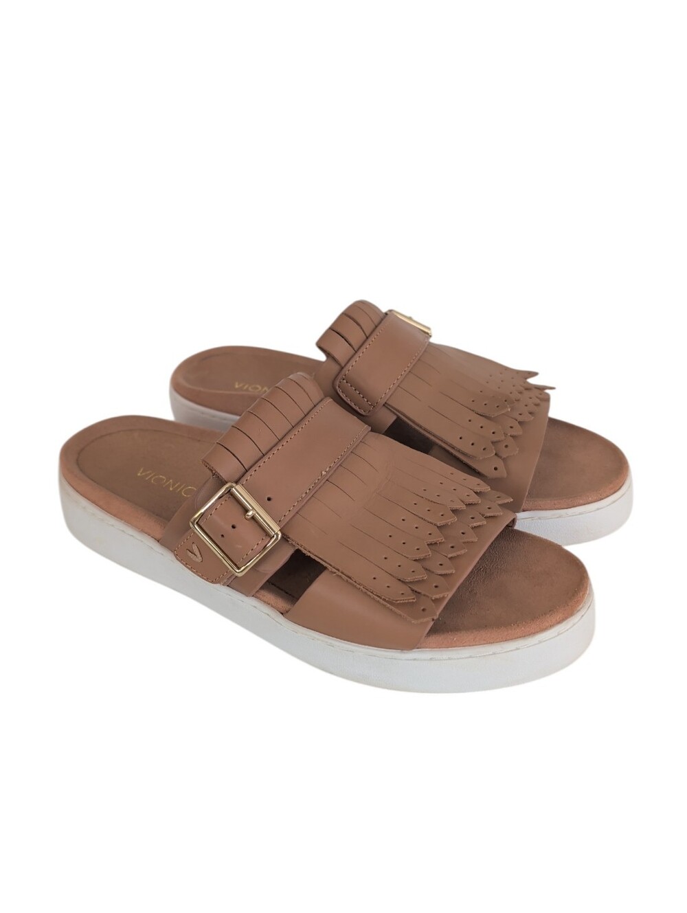 Vionic Fillmore Leather Kiltie Fringe Chunky Sole Slide Sandals 9 Tan Brown